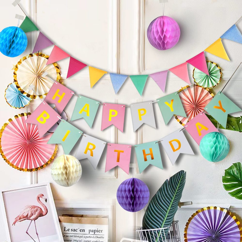 Pastel Birthday Party Decorations,Macaron Happy Birthday Banner ,Bunting,Hanging Paper Fans, Pom Poms,Honeycomb Decorations Set For Girls And Womens - Image 3