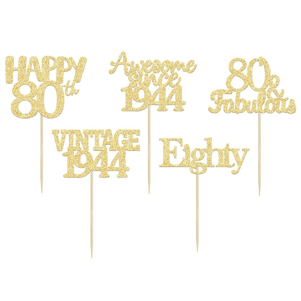 Gyufise 30 Pack Gold Glitter 80th Birthday Cupcake Toppers Vintage 1944 Awesome Since 1944 Hello 80 Cake Topper Seventy 80 & Fabulous Cupcake Picks 80th Birthday Cake Decorations Supplies - Image 2