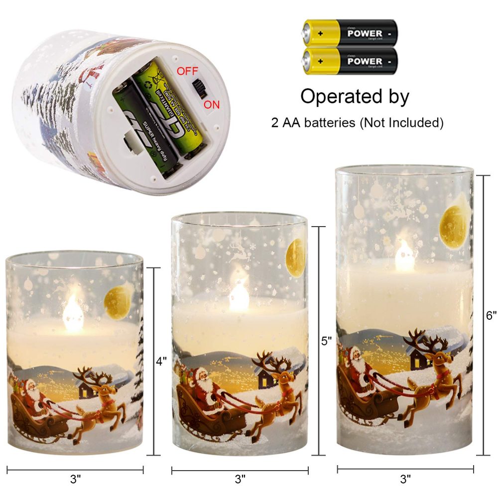 Eldnacele Glass Flickering Flameless Santa Claus Candles with Remote Timer Battery Operated Led Pillar Candles 3 Pack, Santa Sleigh Pattern Real Wax Candles for Christmas Home Decoration - Image 2