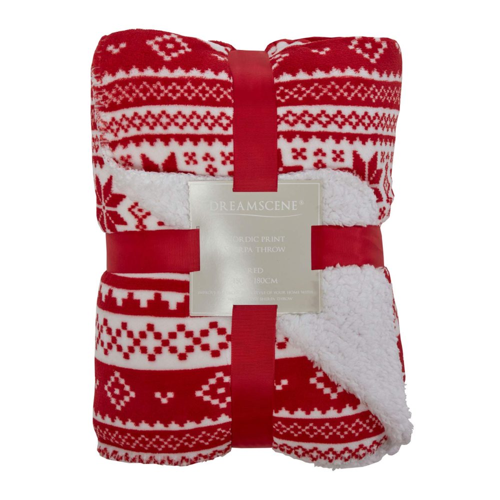 Dreamscene Christmas Blanket Sherpa Flannel Fleece Blanket Faux Fur Large Cuddly Cosy Throw Over Christmas Throws for Sofa, Nordic Red White 150 x 180cm - Image 2