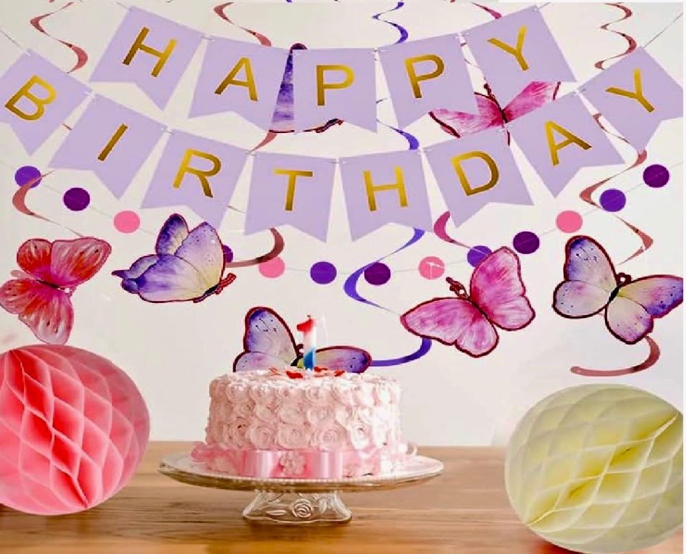Happy Birthday Banner Purple Lilac Pastel Bunting Girls Women with Shimmering Gold Foil Letters Party Decorations - Image 3