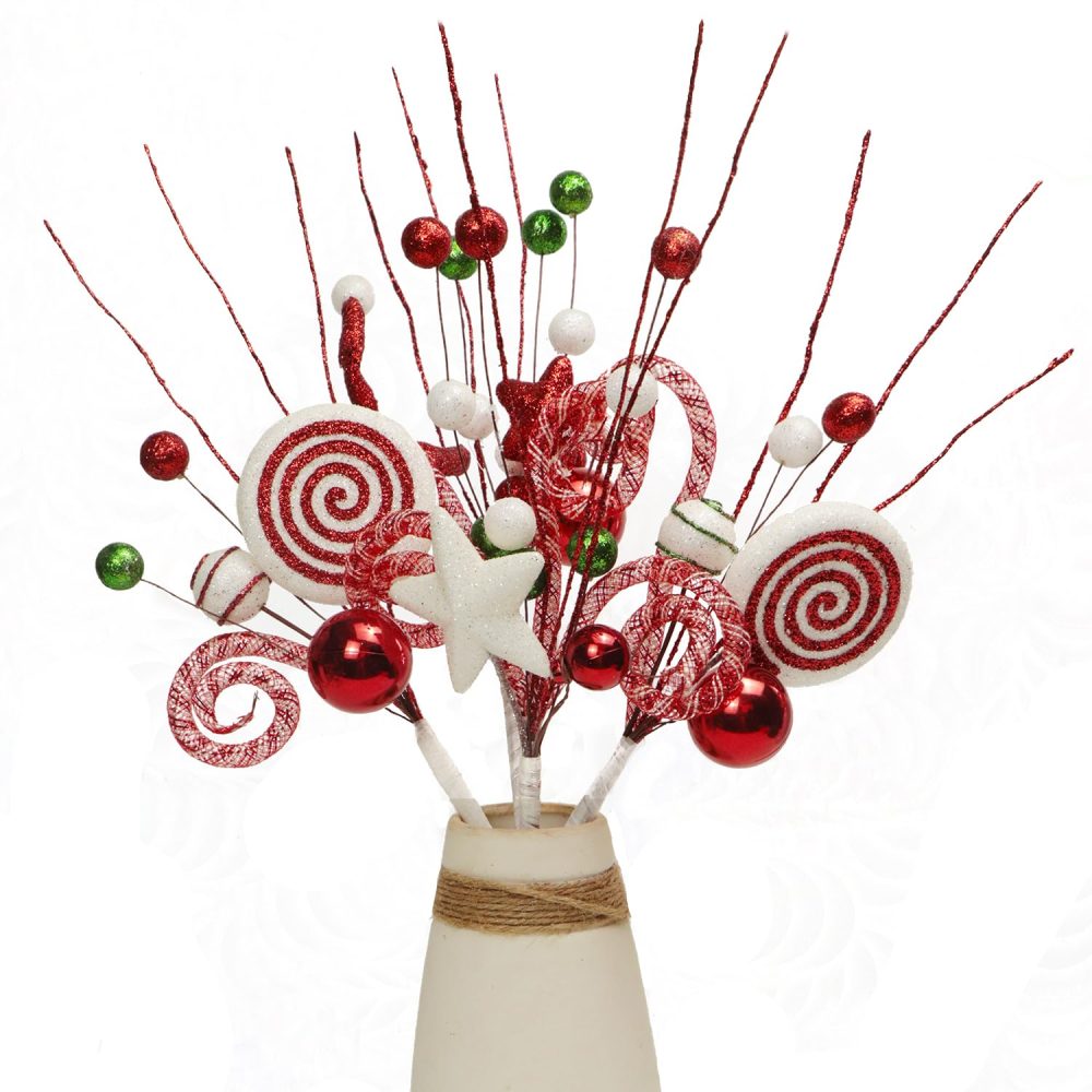 4Pcs Candy Cane Pcks Christmas Decorations,13.78" Candy Cane and Lollipop Ornaments Glitter Christmas Tree Picks Sprays for Xmas Tree Topper Wreath Vase Filler Home Decor (Red Green White)
