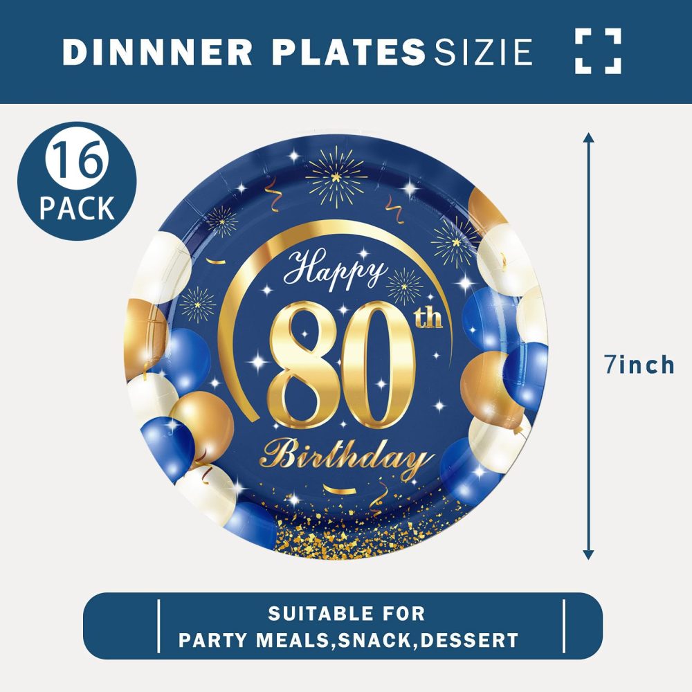 MORAINJAY 16Pcs Birthday Plates for 80,Navy Blue 7inch Paper Plates for 80th Birthday Party, Small Paper Plates for Men Women Her Him,Birthday Party Supplies Table Decor - Image 5
