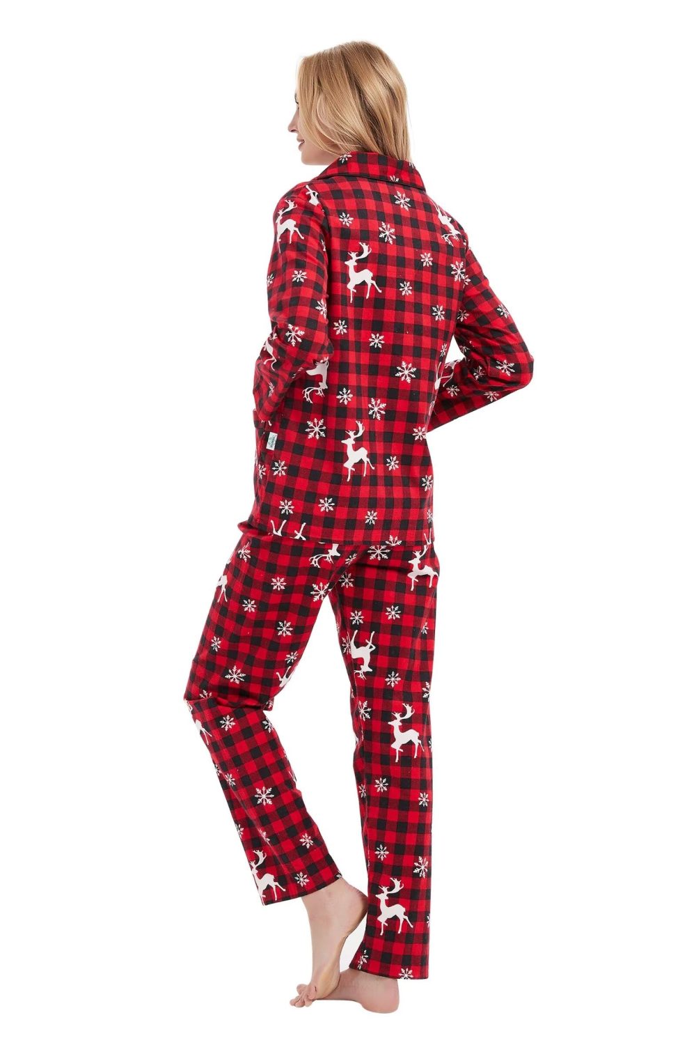 GLOBAL Pyjamas for Women Flannel Cotton Sleepwear long Ladies Pyjamas Sets Button Down LoungewearRed Checks Reindeer,L - Image 2