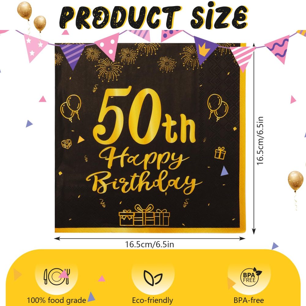 SZSMART Happy Birthday Black and Gold Napkins, 48pcs Party Napkins, Birthday Napkins Happy Birthday Decorations Paper Tissues for Men,Women Birthday Party Supplies Table Decoration (50th) - Image 6