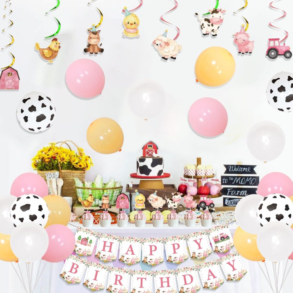Kreatwow Pink Farm Animals Birthday Decorations for Girls Farmhouse Floral Theme Happy Birthday Banner Cow Pig Donkey Balloons Hanging Swirls Cake Cupcake Toppers for Kids Barnyard Theme Bday Party - Image 7