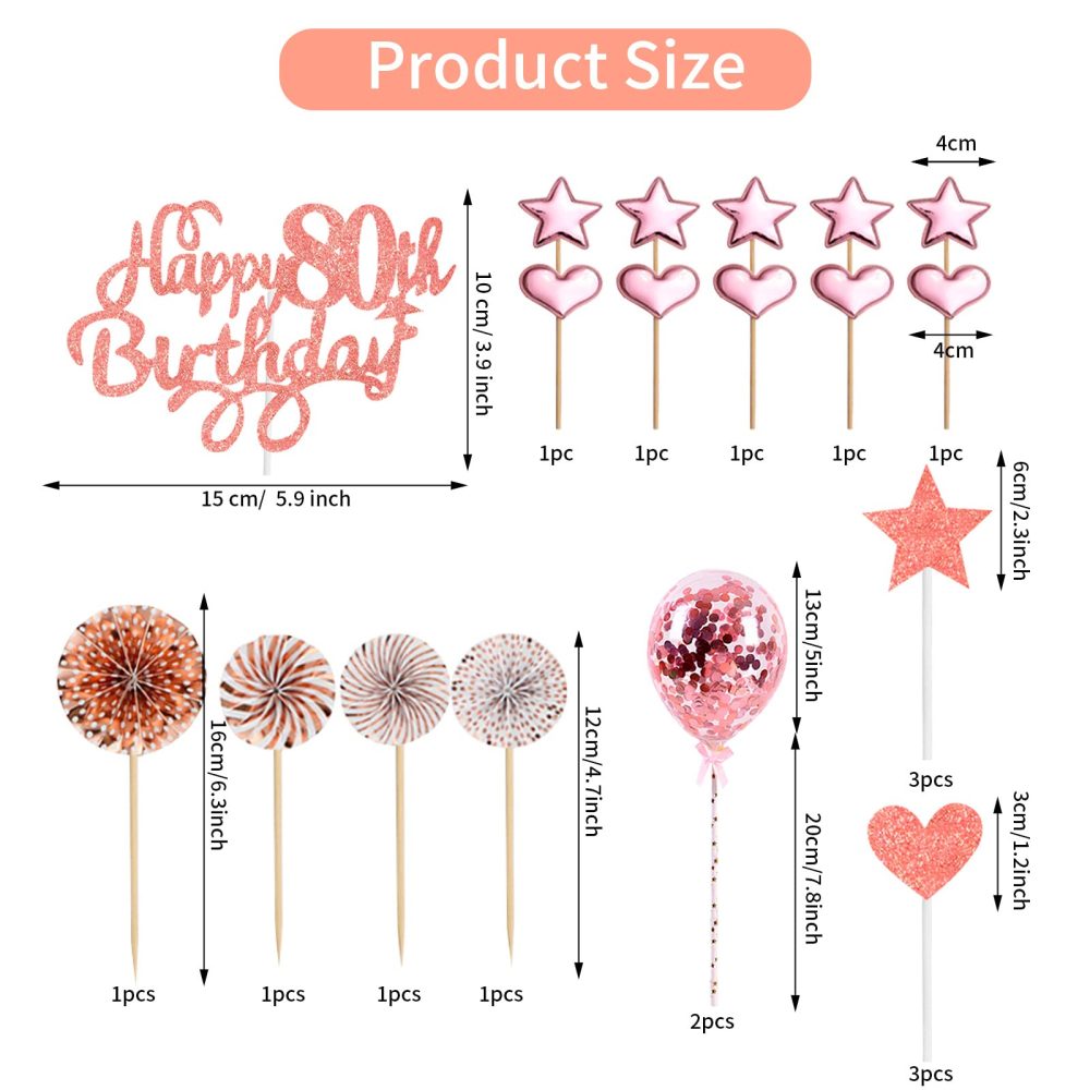 80th Birthday Cake Topper Rose Gold, Glitter Happy 80th Birthday Cake Topper Kit with Star Heart Paper Fan Confetti Balloon, Cupcake Topper for Women 80th Birthday Anniversary Party Cake Decorations - Image 7