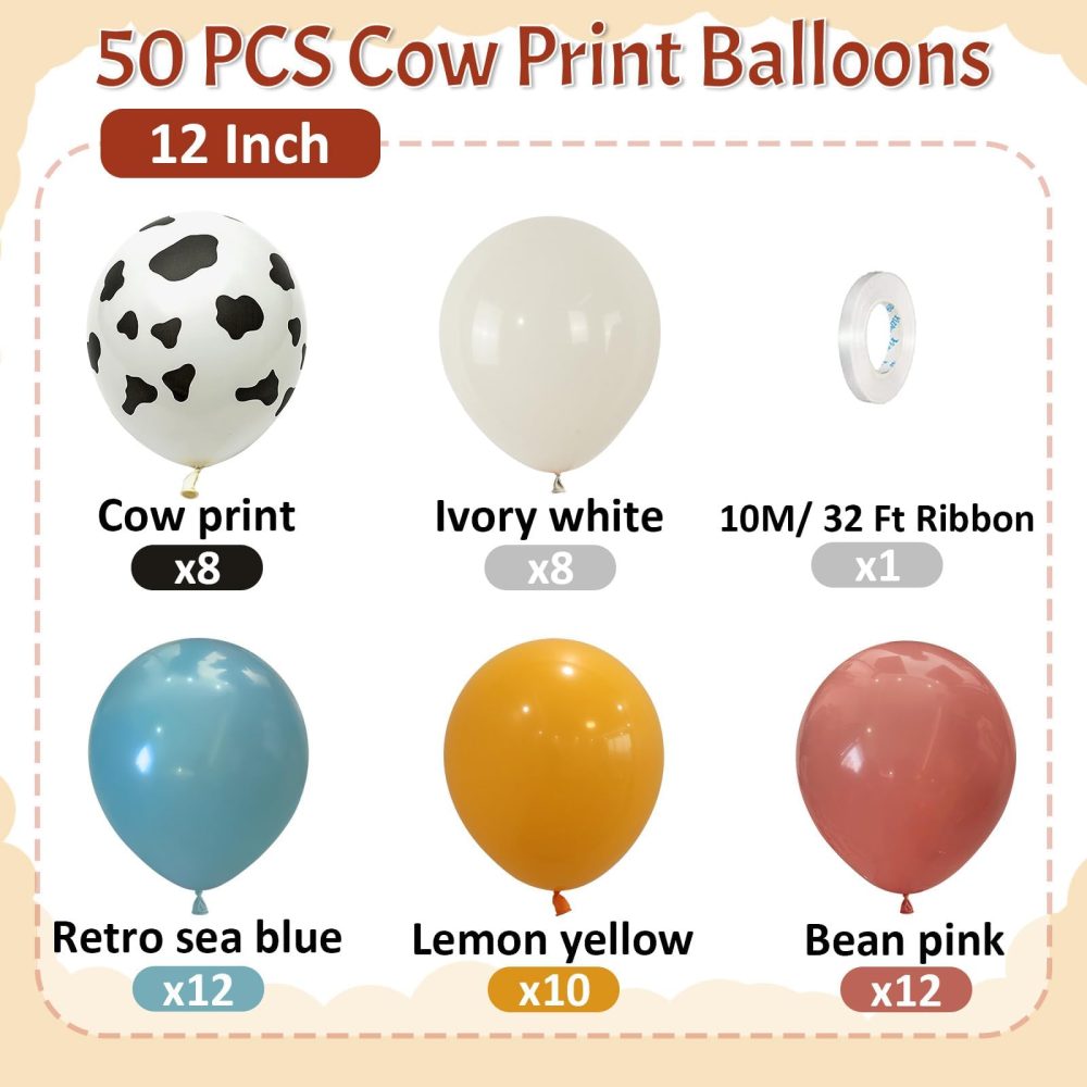 Cow Print Balloons, 50 Pcs Cow Party Balloons, 12 Inch Retro Yellow Pink Sea Blue Balloons Ivory White Latex Balloons for Cowgirl Cowboy Western Farm Rodeo Theme Birthday Party Baby Shower Decorations - Image 8