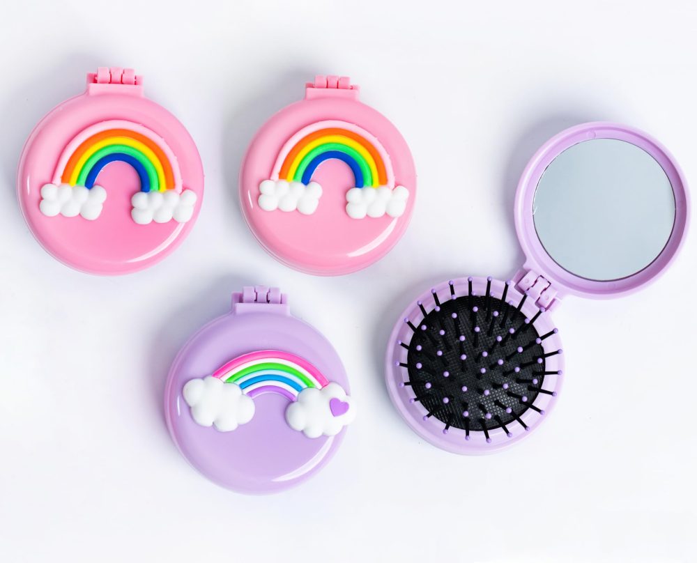 Toyseum 8 x Girls Rainbow Hair Brush with Mirror, Folding Brushes are Ideal Fillers for Kids Party Bags, Small Compact Foldable Brushes for Travel, Favours for Goody Bags & School Prizes, Pack of 8 - Image 2