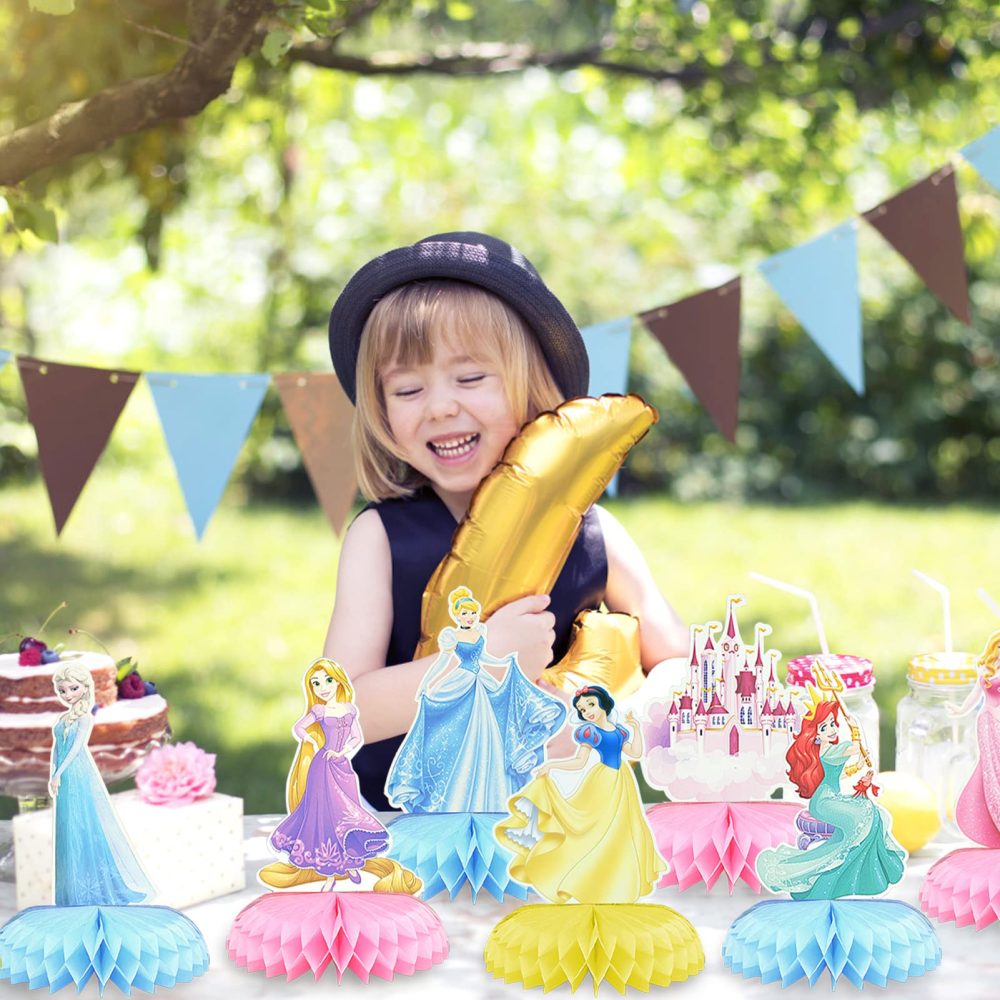 BLLREMIPSUR 9 Pieces Cute Princess Honeycomb Centerpiece, Princess Themed Birthday Party Decorations Kids Birthday Party Cake Dessert Party Supplies Photo Booth Props Party Table Decoration - Image 3