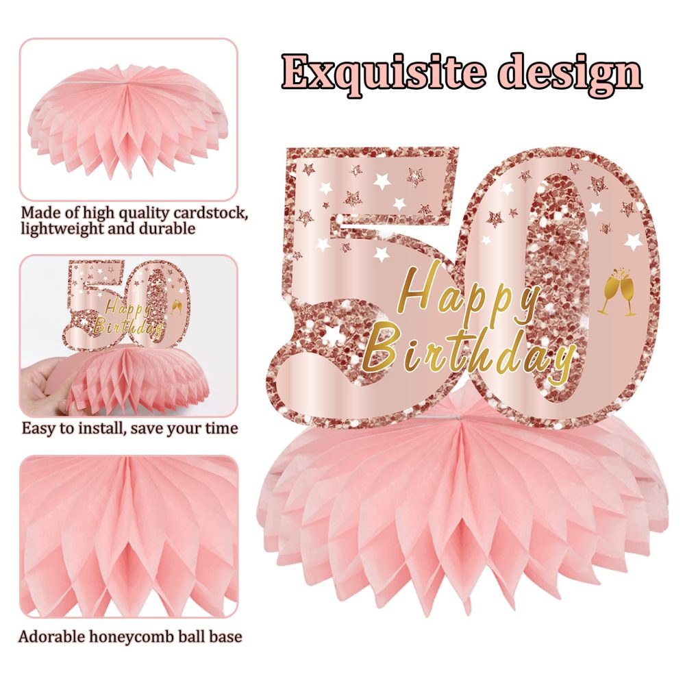 Turypaty Pink Rose Gold 50th Birthday Honeycomb Centerpieces Decorations for Women, 9Pcs Rose Gold Happy 50th Birthday Table Centerpieces Party Supplies, Fifty Year Old Birthday Table Toppers - Image 3