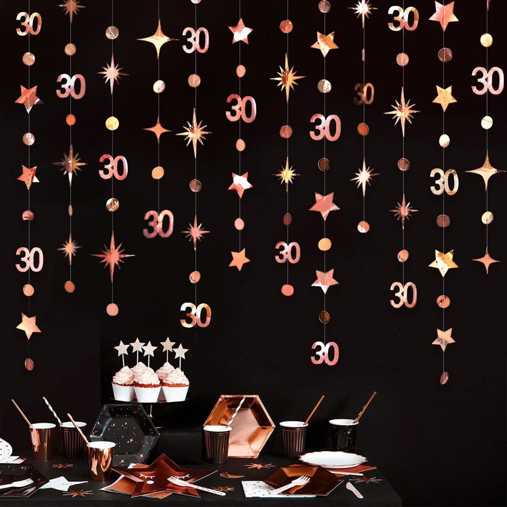 Rose Gold 30th Birthday Garlands Decorations Number 30 Circle Dot Twinkle Star Banner Metallic Hanging Streamer Bunting Backdrop for Her 30 Years Old Birthday Thirty Anniversary Party Decor Supplies - Image 2