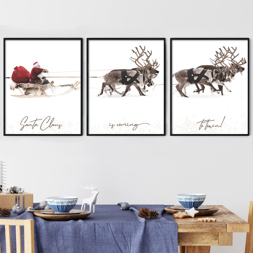 AnyDesign 3Pcs Christmas Wall Art Prints 13x17in Santa Claus Reindeer with Sleigh Art Poster Decor Large Aesthetic Xmas Posters Room Decor for Gallery Living Room Bathroom Wall Decor(UNFRAMED) - Image 3
