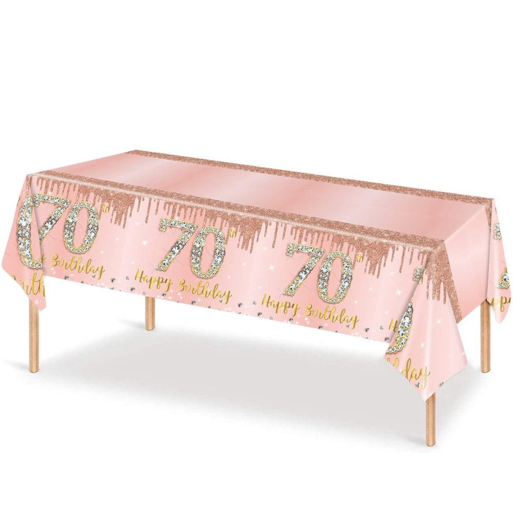 137*274cm Rose Gold 70th Birthday Table Cloth 70th Party Table Decorations,70th Birthday Tablecover Rose Gold Plastic Disposable Waterproof Table cover for Women Her Birthday Party Decorations