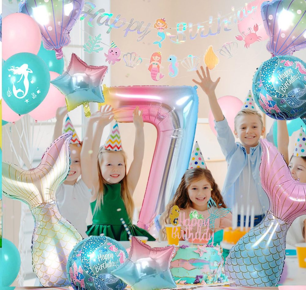Mermaid Birthday Decorations Little Mermaid Party Decorations 7rd Birthday Decorations For Girls Include Mermaid Balloons Mermaid Number Balloon 7 Mermaid Bunting Happy Birthday Banner - Image 6