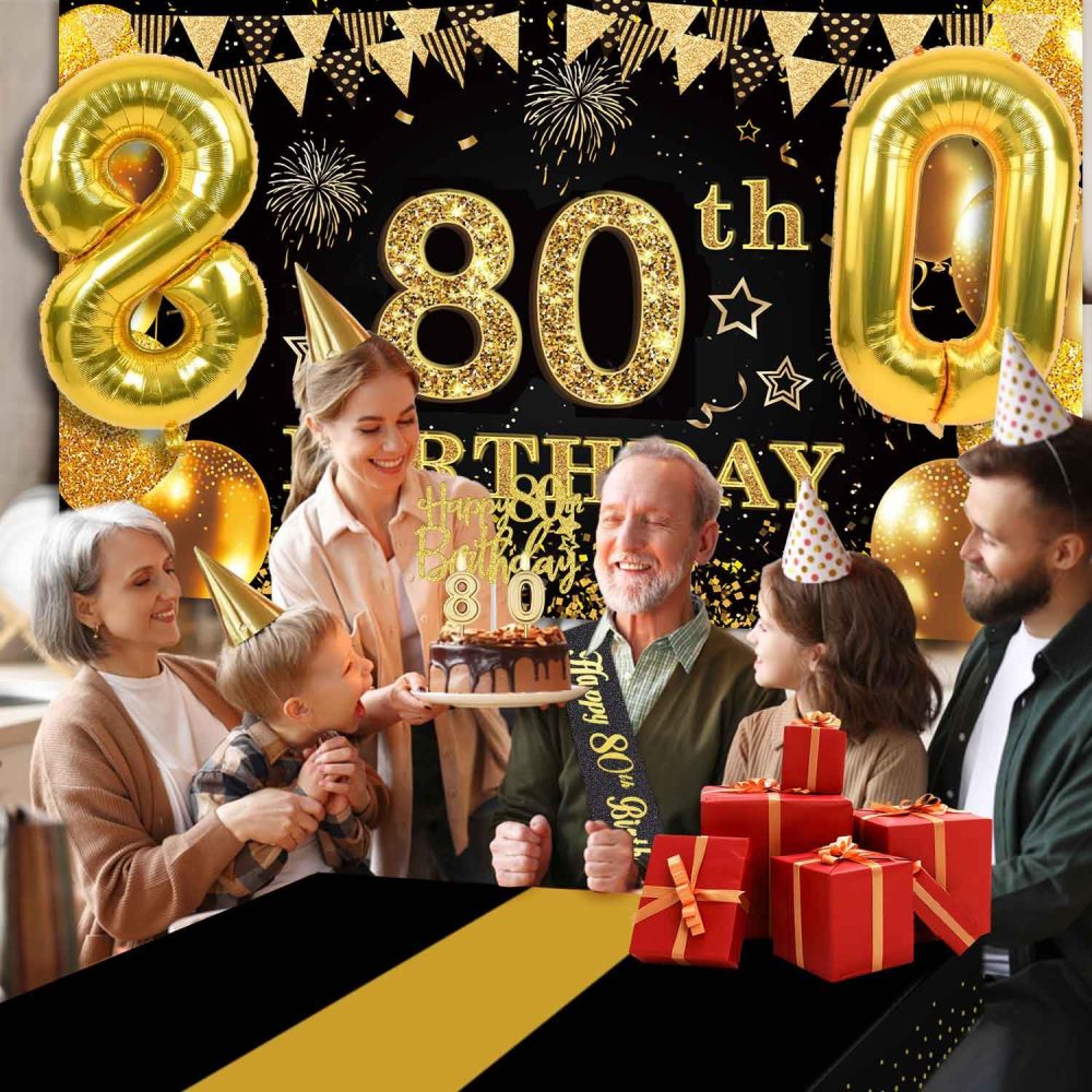 80th Birthday Decorations Men Women, 80th Birthday Banner, Black and Gold Table Cloth, 80 Number Balloons, 80th Birthday Sash, Birthday Cake Topper and 80 Candles, 80th Birthday Gifts Men Women - Image 9