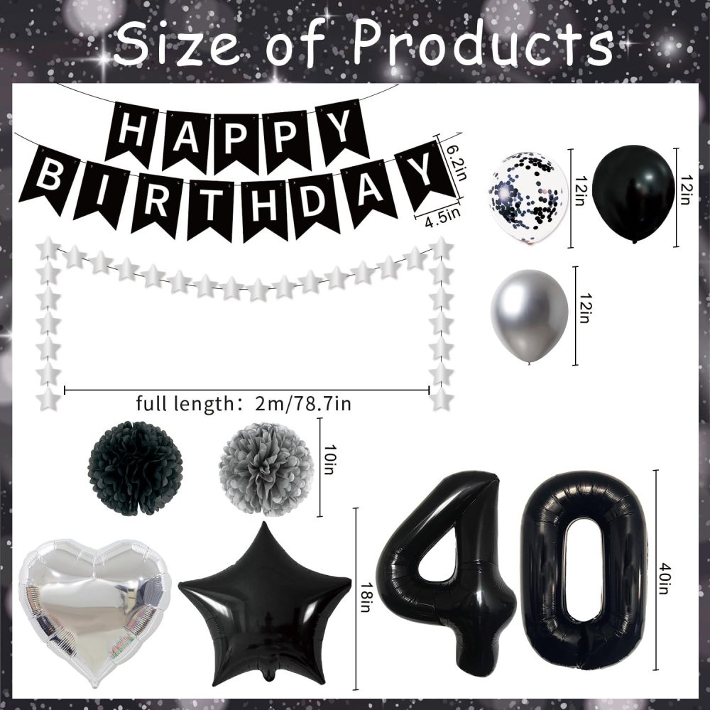 Afritee 40th Birthday Balloon Decorations - Black and Silver Happy Birthday Balloons for Men Women Happy 40th Birthday Banner Large 40" 40 Foil Balloons Cool 40th Birthday Balloons Set Supplies - Image 5