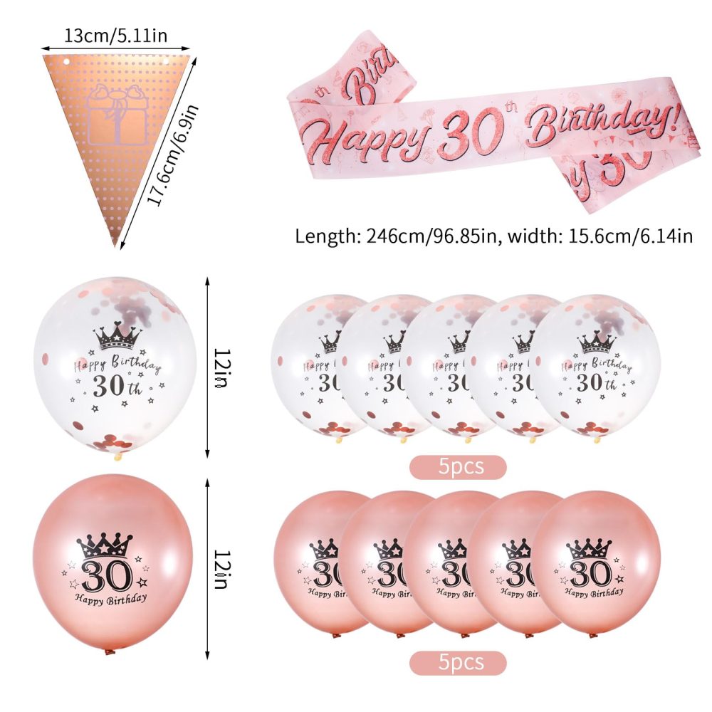 30th Birthday Decorations, Pink Gold 30 Birthday Balloons Set Include Happy 30th Birthday Banners Triangle Flag Banners Confetti Latex Balloons for Women and Men 30th Party Decoration Supplies - Image 7