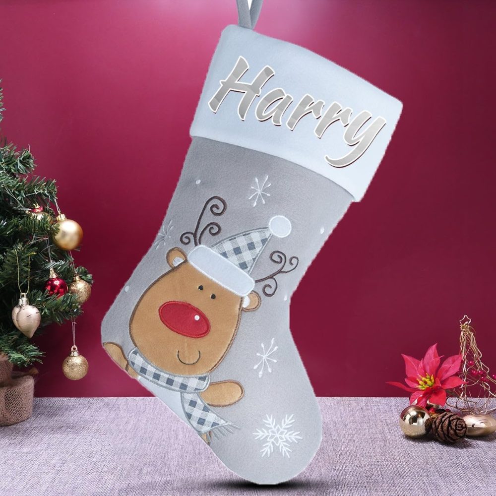 Varsany Premium Personalised Grey Reindeer 1 Christmas Stockings – Matching Custom Xmas Stockings For Pets & Family, Name Dog Stockings For Christmas Stocking, Holiday Stockings Christmas - Image 4