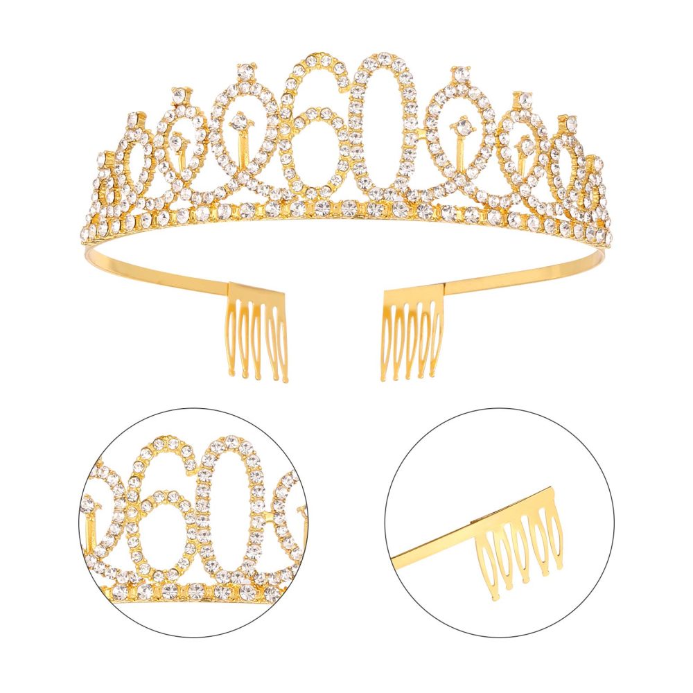 SUSSURRO "60 and Fabulous Sash and Rhinestone Tiara Set,60th Birthday Gifts Birthday Sash for Women Birthday Party Supplies( Gold) - Image 7