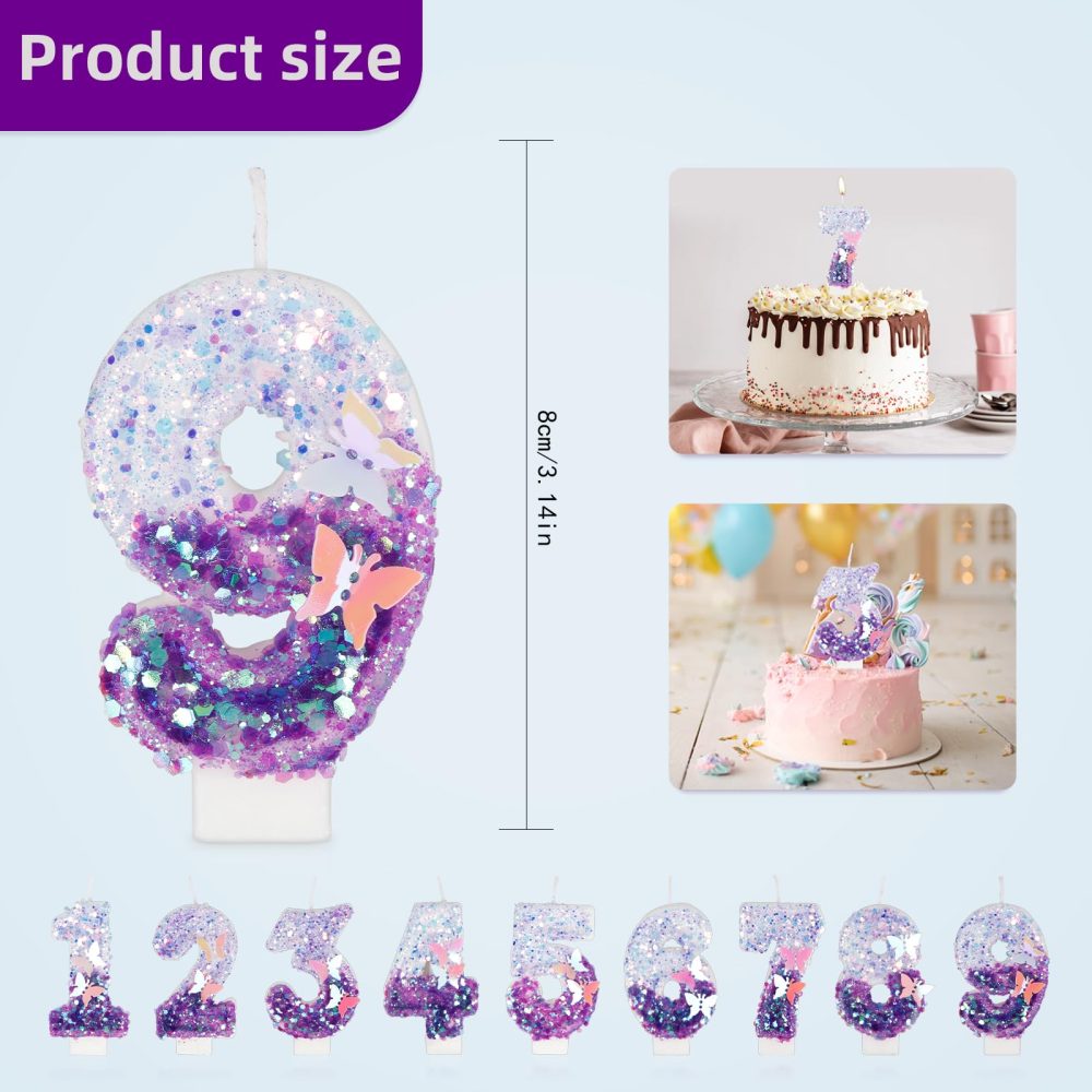 Purple 10 Butterfly Birthday Candles, Number 10 Candle, 3D Glitter Sequin Numeral Candles, Birthday Candle for Cake, Happy First Birthday Candle, Cake Candles Topper Decorations for Girls Birthday - Image 6