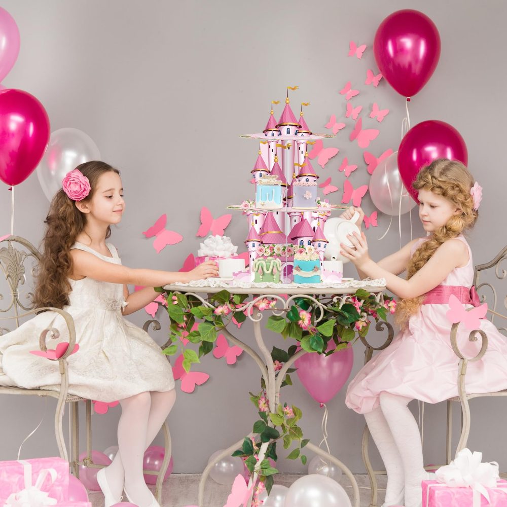 Zopeal 3 Tier Princess Birthday Cupcake Stand Party Decorations Floral Princess Cupcake Holder Pink Castle Crown Carriage Dessert Tower for Girls Birthday Princess Theme Baby Shower Party Supplies - Image 4