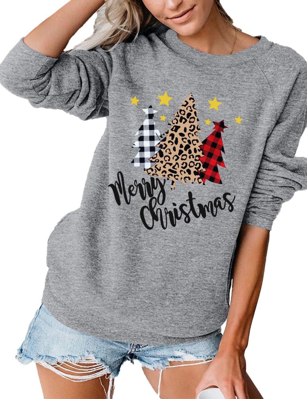 hohololo Christmas Tree Sweatshirt Womens Leopard Plaid Christmas Shirts Xmas Drop Shoulder Long Sleeve Holiday Pullover Tops - Image 6