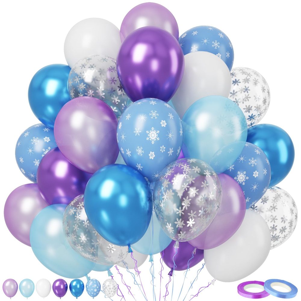 Paready Frozen Balloons Set, 50Pcs Purple Blue Snow Print Balloons, 12 Inch Metallic Pearl Light Purple Blue White Balloons Blue Snow Print Balloons for Winter Theme Frozen Birthday Party Decorations