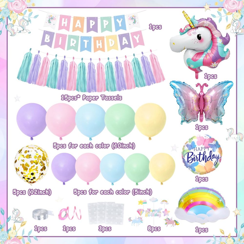 TOLOYE Birthday Decoration for Girls, Unicorn Butterfly Theme Party Decorations, Birthday Decorations with Happy Birthday Banner, Unicorn Butterfly Foil Balloons, Girls Birthday Party Supplies - Image 8