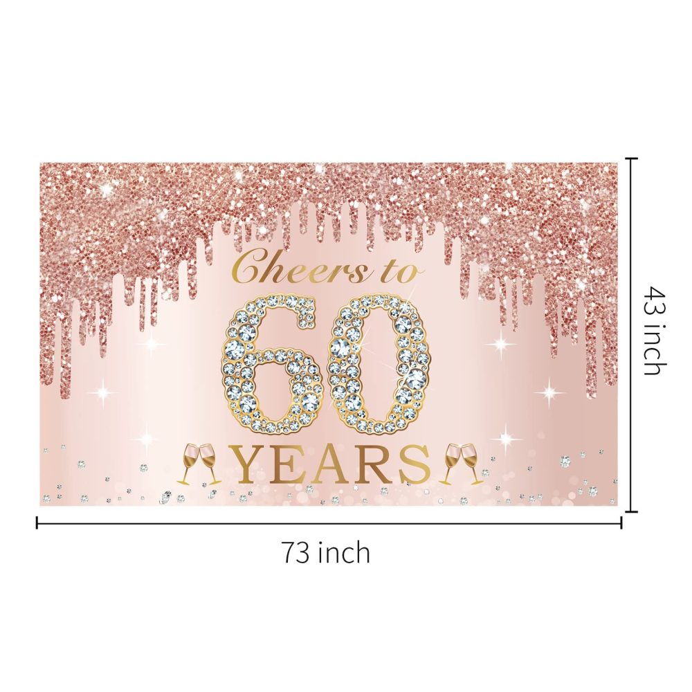 Large Cheers to 60 Years Birthday Decorations for Women, Pink Rose Gold Happy 60th Birthday Banner Backdrop Party Supplies, Sixty Birthday Poster Background Sign Decor - Image 6