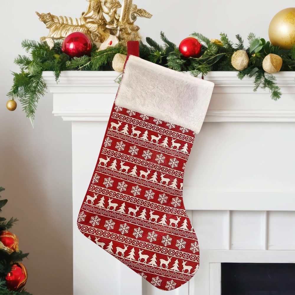 Trimming Shop Deep Red Christmas Stocking with Reindeer Motif | Large Velvet Santa Sock for Hanging Gift & Candy Pouch | Xmas Tree & Fireplace Holiday Party & Home Decorations