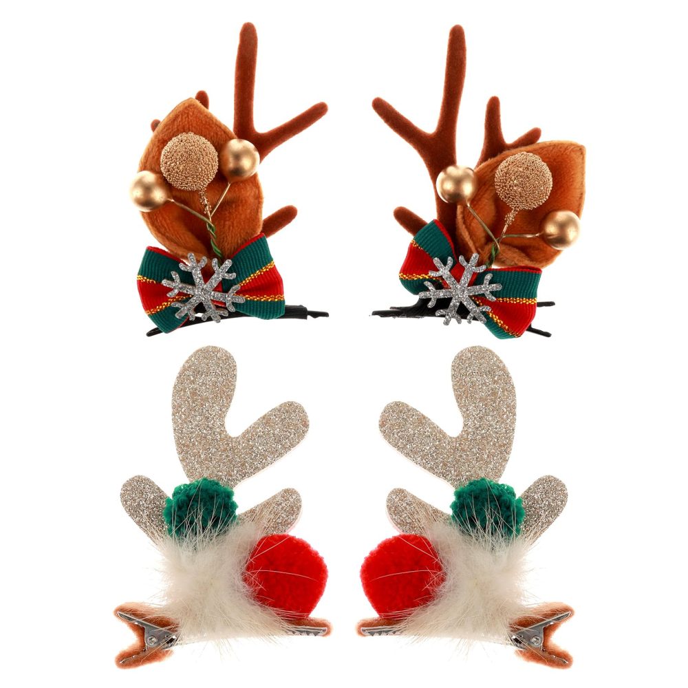 TIESOME Christmas Hair Clips, 4 PCS Xmas Hair Accessories Cute Reindeer Antlers Headband Ears Hair Accessory Antlers Headdress Hairpin for Women Girls Kids Adults and Party Favors(A)