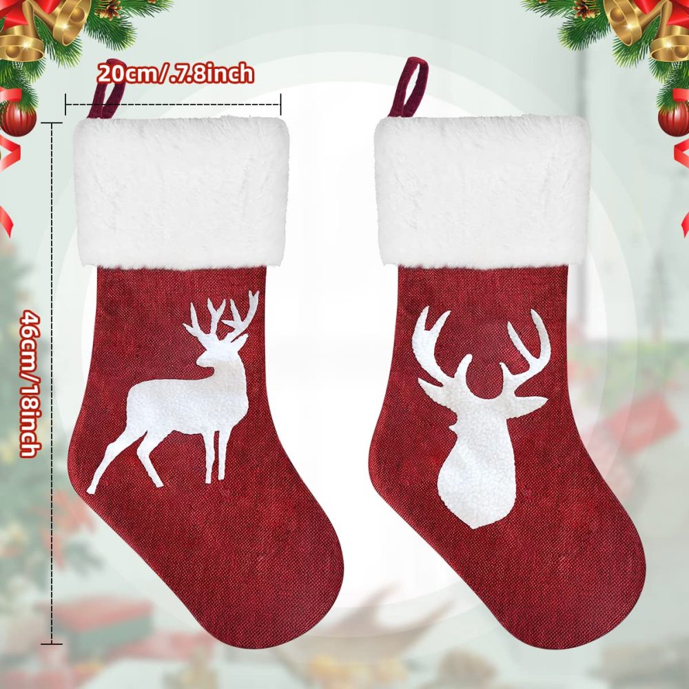 Christmas Stockings Set of 2, 18" White Reindeer Large Christmas Stocking Personalised for Adults Kids, Hanging Gift Bag Socks Ornaments Red Xmas Stockings for Christmas Fireplace Tree Decorations - Image 7