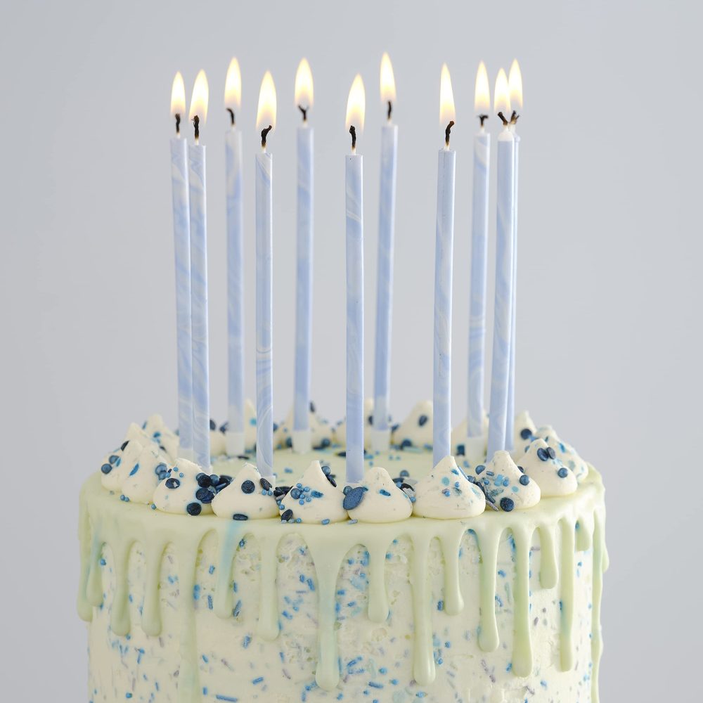 Ginger Ray Tall Blue Thin Marble Birthday Cake Candle with Holders Pack of 12,18 cm