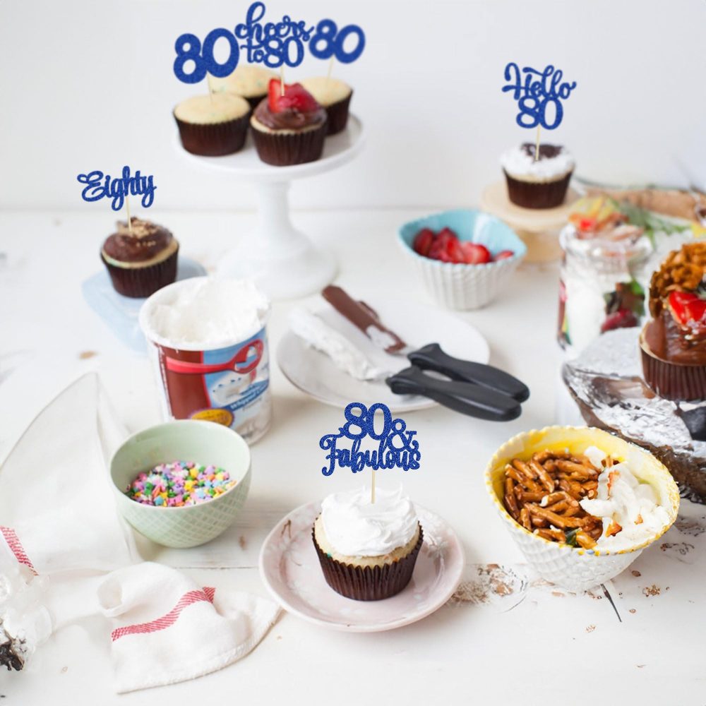 30Pcs Happy 80th Birthday Cupcake Toppers Eighty Cheers to 80 Years Old Birthday Cupcake Picks for Happy 80th Birthday Anniversary Party Cake Decorations Deep Blue Glitter - Image 4