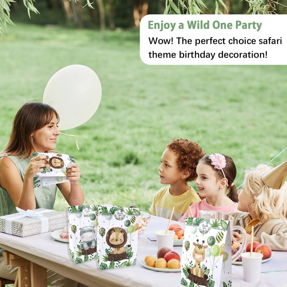 Heboland 24 Pack Jungle Party Bags, Kids Party Bags Animal Party Bags with 30 Stickers Wild One Birthday Decorations Baby Showe Bag Kraft Paper Party Bags Children's Party Bag Filler - Image 8