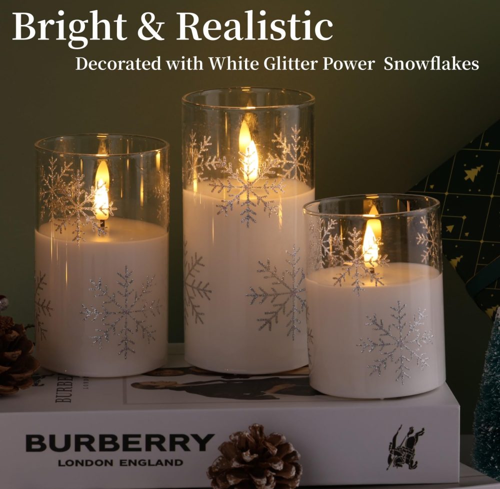 Eywamage Clear Snowflakes Glass Flameless Candles with Remote, Battery Operated Christmas LED Pillar Candles Set of 3 - Image 5