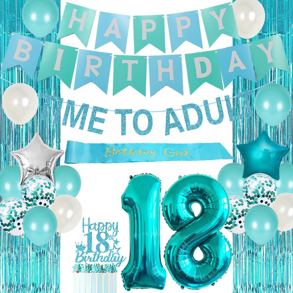 18th Birthday Decorations for Girls Teal - Time To Adult 18 Birthday Supplies Banner Cake Topper Turquoise Fringe Curtain Birthday Sash Number 18 Balloon for Eighteenth Birthday