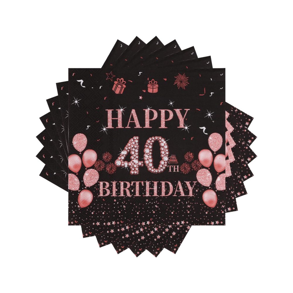 TOPWAYS Black Rose Gold Gold 40th Birthday Decorations Paper Napkins, 60pcs Disposable Paper Birthday Napkins Table Decoration for Women Lady Her 40th Birthday Party (40th) - Image 2