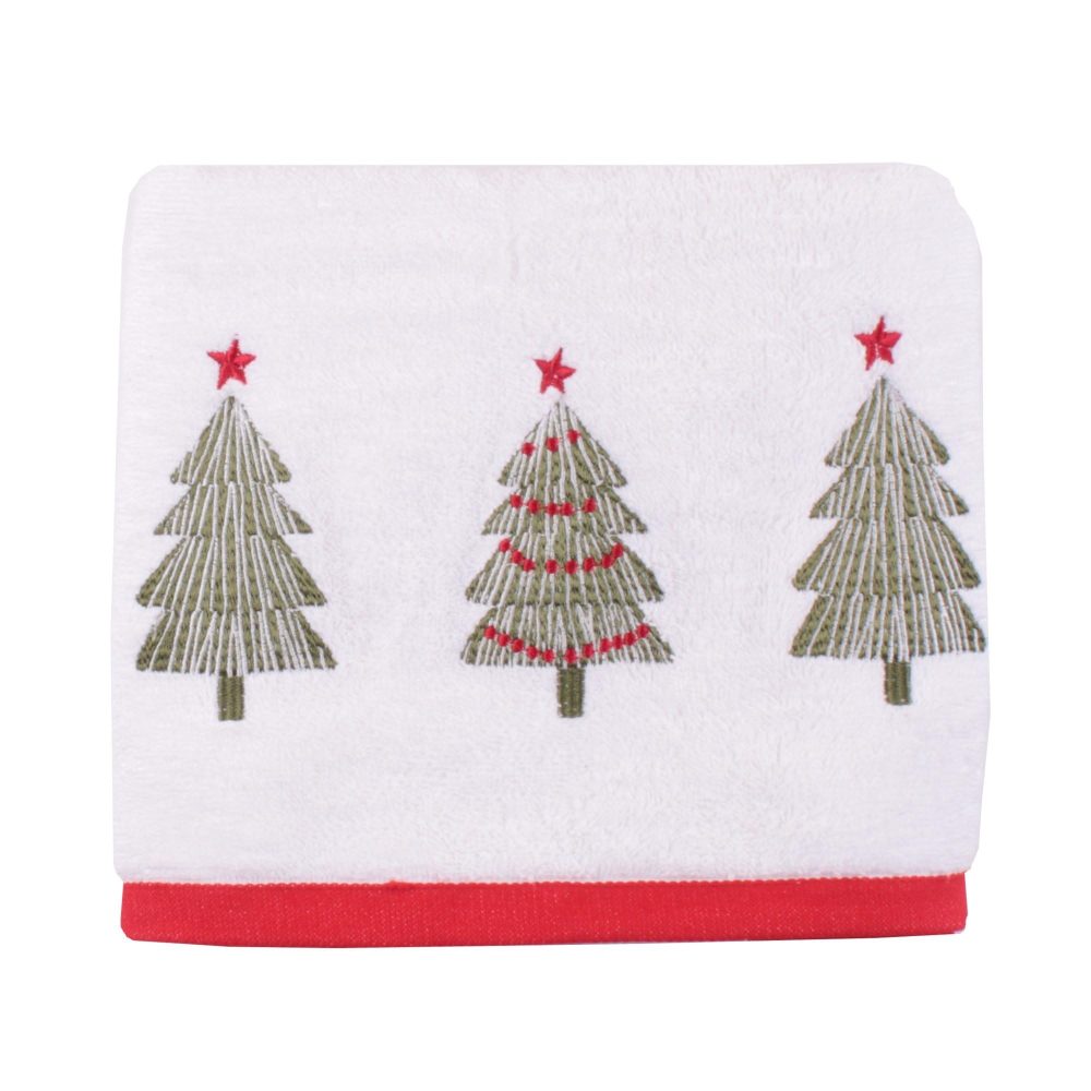 Fusion - Christmas Trees Hand Towels 2 Pack (50 x 90cm) - Soft & Fluffy 100% Cotton - Embroidery Xmas Tree Hand Towels - Christmas Bathroom Towels - Christmas Decorations/Christmas Bathroom Accessory