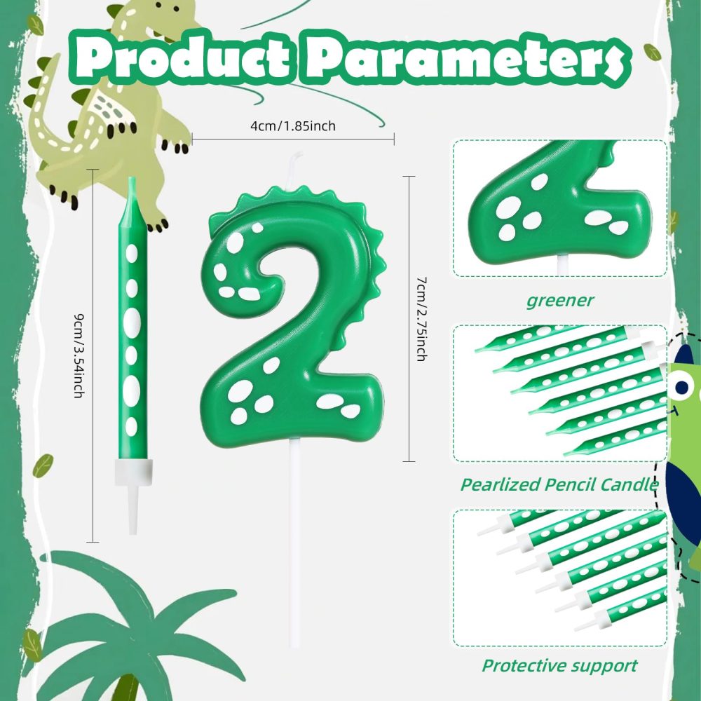 Dinosaur Green Birthday Candles and 8 Green White Candles, Birthday Cake Decoration for Boys and Girls Party Supplies (Number 3) - Image 6