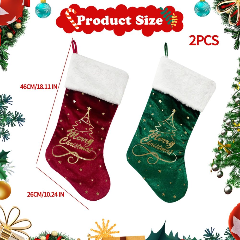 Christmas Stocking Set,Velvet Christmas Stockings,Red Green Velvet Stocking,Embroidered Patterned Large Xmas Stockings,Hanging Stockings Ornamemts for Family Christmas Holiday Party Decorations - Image 5