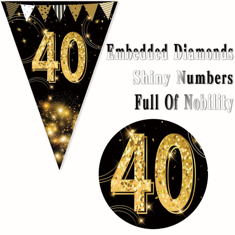 KTFNOMES Happy 40th Birthday Banner Bunting Flags Gold and Black Glitter Anniversary Party Decoration Supplies,40th Birthday Triangle Flag Banners for Men Women,7.1 x 10.2 inch,40 Pieces - Image 6