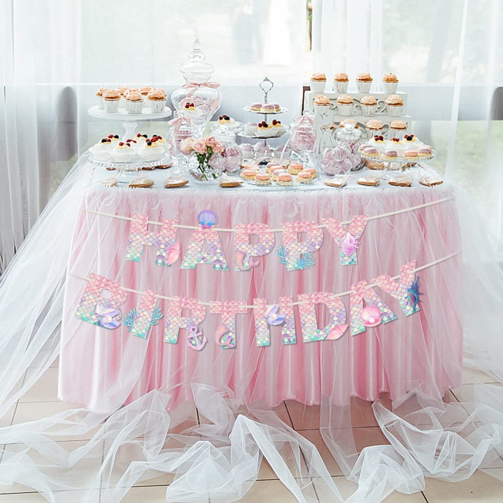 Mermaid Happy Birthday Banner, Birthday Party Decorations for Girls, Mermaid Theme Birthday Party Supplies for Home Table Outdoor - Image 2