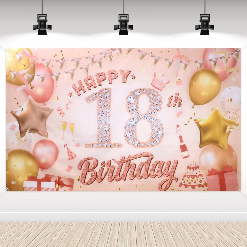 18th Happy Birthday Decoration, Rose Gold 18th Birthday Party Decoration Banners Photo Backdrop Poster Background Banners for Outdoor Indoor 18th Birthday Party Decoration Supplies