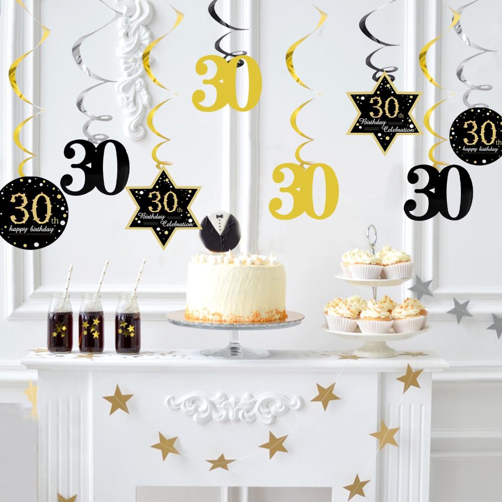 30th Birthday Party Hanging Swirls Streamers 22pcs Black Gold Birthday Streamers Supplies 30th Birthday Ceiling Decorations Spirals Set for Boy Men Birthday Anniversary Party Celebration (30TH)