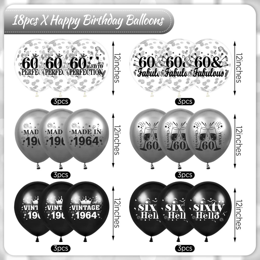 60th Birthday Balloons Decorations 18pcs Black Silver VINTAGE 1964 Happy 60th Birthday Party Latex Confetti Balloons for Men Women 60th Anniversary Happy Birthday Party Supplies Decor 12 inches - Image 2