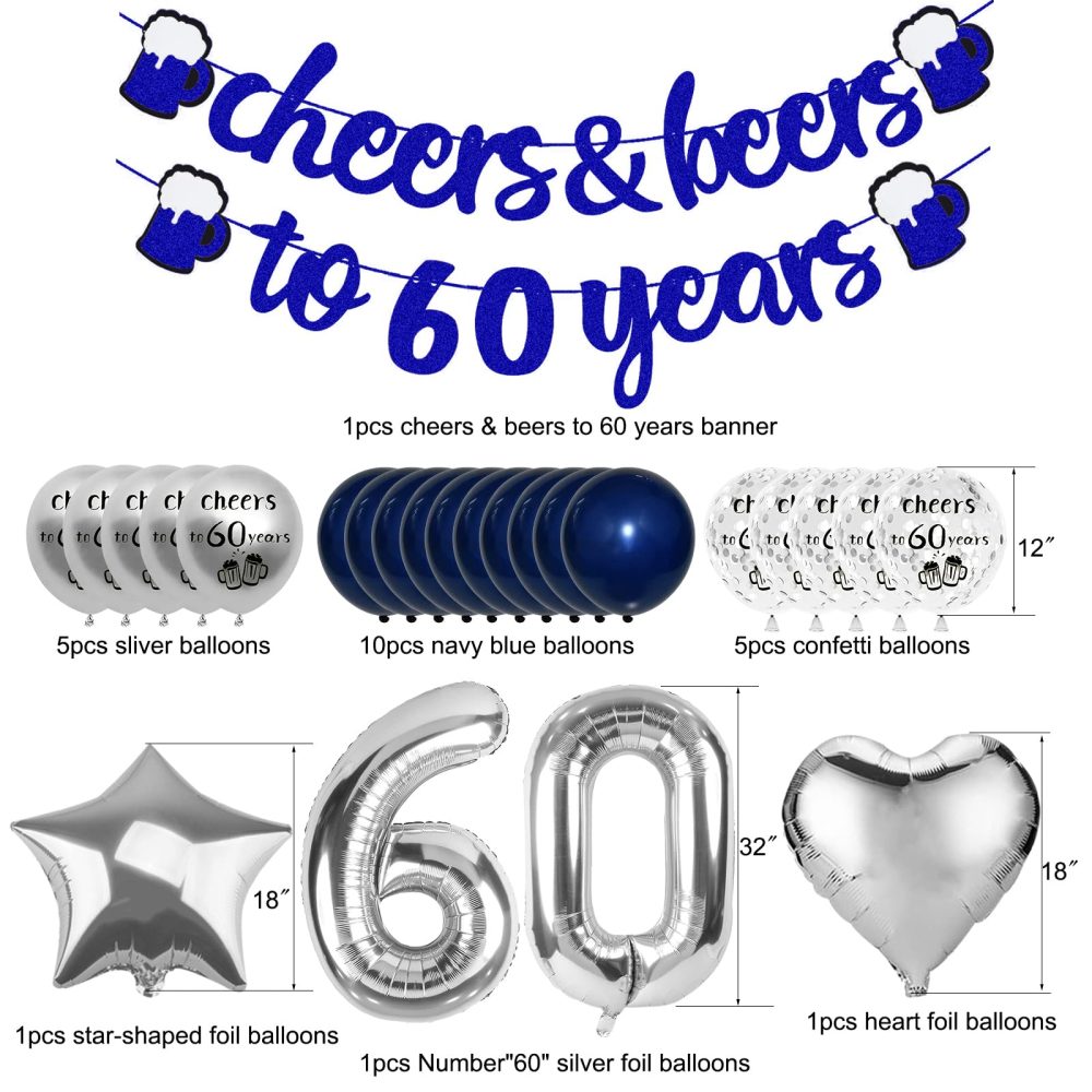 60th Birthday Decorations, 60th Birthday Decorations for Men, Happy 60th Birthday balloons with Navy Blue Cheer to 60 Years Banner, Silver Confetti Latex Balloons for Party Supplies Him Women Her - Image 7