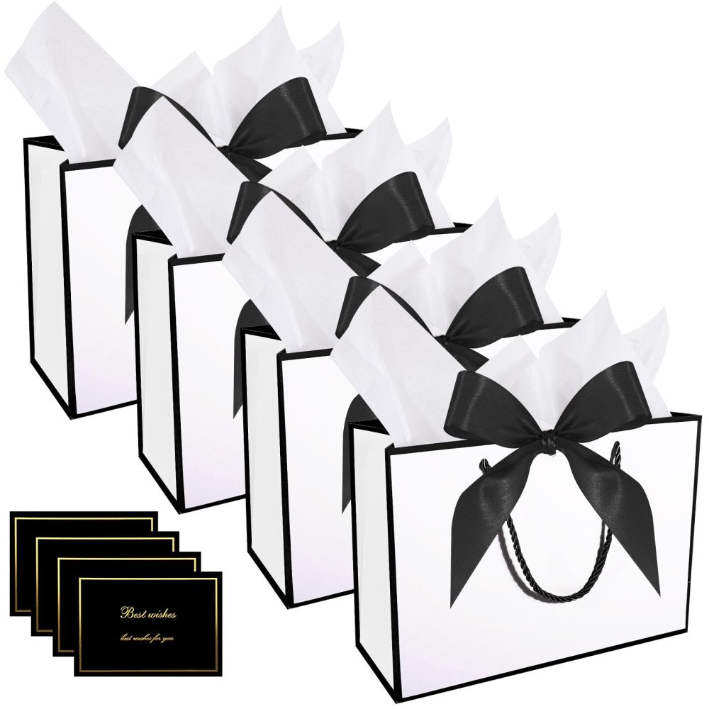 HuaJiao 4Pcs Gift Bags, Medium Present Bag Gift Wrapping Bag with Bow Ribbon Tissue Paper and Cards Gift Bag for Birthday Wedding Party 28x10x20cm (Black Edge)