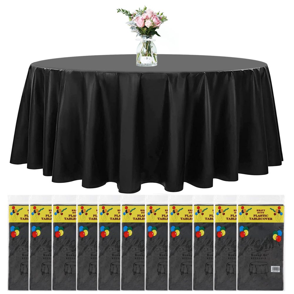 Newthinking 84 Inch Round Disposable Table Cloth Black, 8 Pack Plastic Round Disposable Tablecloth for Circular Table Wedding Banquet Party Birthday